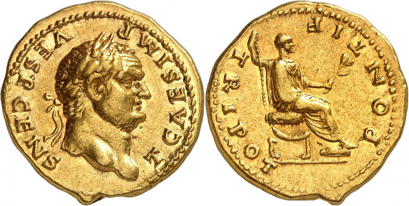 Titus César 69-79. Aureus 73, Rome. T CAESAR IMP - VESP CENS Tête laurée de Titu...