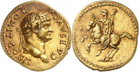 Domitien César 69-81. Aureus 73-75, Rome. CAES AVG F - DOMIT COS II Tête laurée de Domitien à droite / Domitien au galop à gauche, levant la main droi...