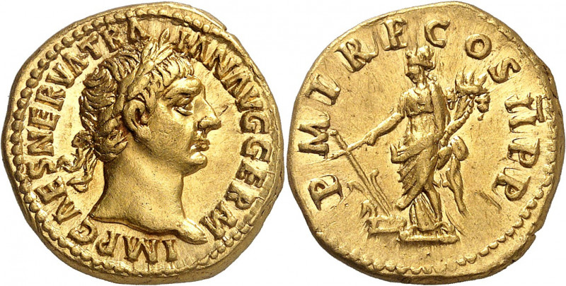 Trajan 98-117. Aureus 98-99, Rome. IMP CAES NERVA TRA-IAN AVG GERM Tête lauré de...