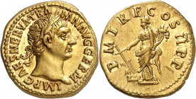 Trajan 98-117. Aureus 98-99, Rome. IMP CAES NERVA TRA-IAN AVG GERM Tête lauré de Trajan à droite / P M TR P COS II P P La Fortune debout à gauche, ten...