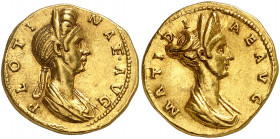 Plotine, épouse de Trajan et Matidia, belle-mère d'Hadrien. Aureus 117-118 sous Hadrien, Rome. PLOTI-NAE AVG Buste diadémé et drapé de Plotine à droit...