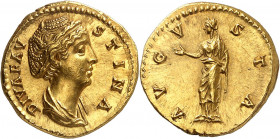 Faustine I, épouse d'Antonin le Pieux. Aureus après 141, Rome. DIVA FAV-STINA Buste drapé de Faustine à droite / AVG-V-STA Venus (?) diadémée, debout ...