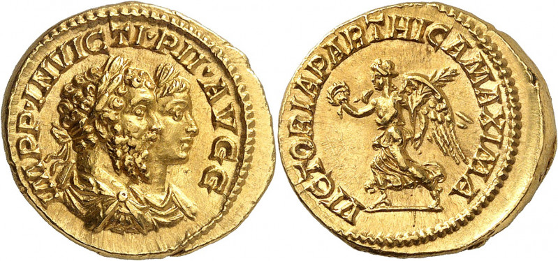 Septime Sévère 193-211. Aureus 202-210, Rome. IMPP INVICTI PII AVGG Buste accolé...