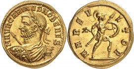 Carin César 282-283. Aureus 282-283, Siscia. M AVR CARINVS NOB CAES Buste lauré, drapé et cuirassé de Carin à gauche portant un bouclier et une lance ...