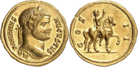 Maximien Hercule 286-310. Aureus 288-289, Cyzique. MA-XIMIANVS - AVGVSTVS tête laurée de Maximien à droite / COS - II Maximien à cheval à droite, leva...