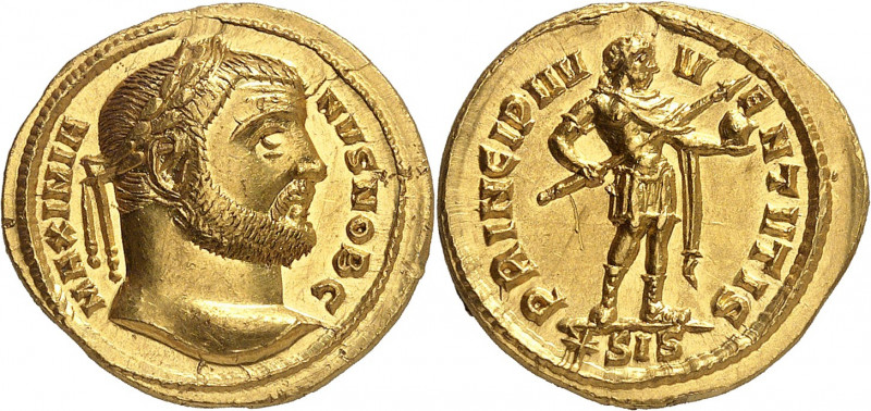 Galère César 293-305. Aureus 295-296, Siscia. MAXIMIA-NVS NOB C Tête laurée de G...