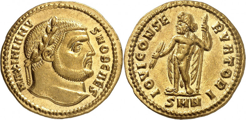 Galère César 293-305. Aureus 294-295, Nicomédie. MAXIMIANV-S NOB CAES Tête lauré...