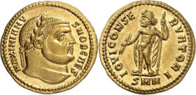 Galère César 293-305. Aureus 294-295, Nicomédie. MAXIMIANV-S NOB CAES Tête laurée de Galère à droite / IOVI CONSE-RVATORI Jupiter debout à gauche tena...