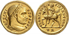 Licinius I 308-324. Aureus 312, Rome. LICINI-VS AVG Tête laurée de Licinius I à droite / GLORIA EX-E-R-CITI AVGG NN Licinius à cheval à gauche, levant...