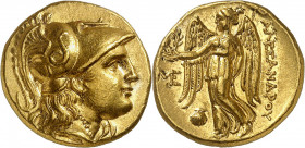 Royaume de Macédoine, Alexandre le Grand, 336-323. Statère d'or vers 310-301, Abydos. Tête casquée d'Athéna à droite / ALEXANDROU Niké debout à gauche...