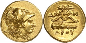 Royaume de Macédoine, Alexandre le Grand, 336-323. Quart de statère d'or vers 330-320, Amphipolis. Tête casquée d'Athéna à droite / ALEXAN/DROU Foudre...