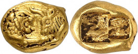 Royaume de Lydie, Cyrus II, vers 550-530. 1/6 Statère d'or, après 546, Sardes. Protomés de lion et de taureau affrontés / Double carré incus. 1,33g. B...