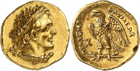 Royaume d'Égypte, Ptolémée I, 305-282. Tetarte ou Hemidrachme d'or après 294, Alexandrie. Buste diadémé de Ptolémée I avec l'égide, à droite / PTOLEMA...