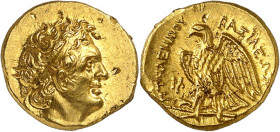 Royaume d'Égypte, Ptolémée I, 305-282. Tetarte ou Hemidrachme d'or après 294, Alexandrie. Buste diadémé de Ptolémée I avec l'égide, à droite / PTOLEMA...