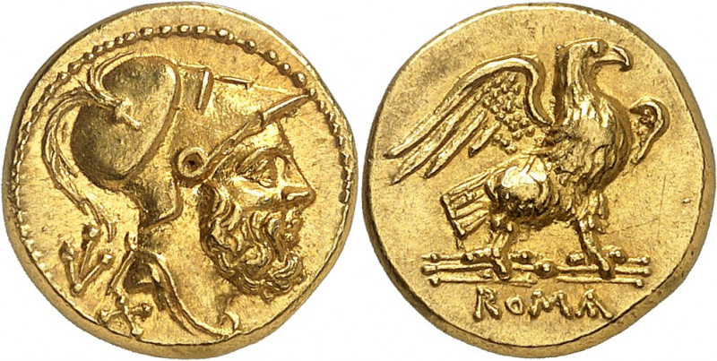 60 as d'or dès 211 av. J.-C. Rome. Tête barbue de Mars portant un casque corinth...