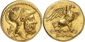 60 as d'or dès 211 av. J.-C. Rome. Tête barbue de Mars portant un casque corinthien à droite; derrière la nuque, marque de la valeur / ROMA (à l'exerg...