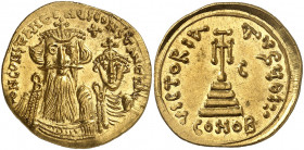 Constant II & Constantin IV, 654-659 ap. J.-C. Solidus, Syracuse. DN CONSTANTINVS CONSTANT AVG. Bustes de face de Constant II et de Constantin IV. Une...