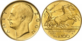 Ahmed Zogu, Président, 1925-1928. 100 Franga Ari 1927 R, Rome. Tête nue à gauche / Char tiré par deux chevaux à droite. Inscription, date et valeur, à...