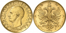 Zogu I, 1928-1939. 100 Franga Ari 1929 R, Rome. ESSAI en OR. Tête nue à gauche, dans une couronne de laurier. Nom du graveur à l'exergue / Aigle bicép...