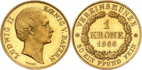 Bavière. Louis II, 1864-1886. 1 Krone 1866, Munich. Tête nue à droite. Nom du graveur au-dessous / Valeur et date dans une couronne de chêne. Tranche ...