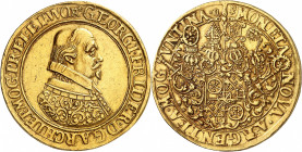 Mayence. Georg Friedrich von Greiffenklau, 1626-1629. 10 Ducats 1629, par L. Schilling, Francfort. Buste à droite / Armoiries surmontées de quatre hea...