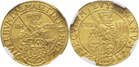 Saxe. Johann Georg I, 1615-1656. Ducat 1617, Dresde. Buste de Johann Georg I à droite. Armoiries à l'exergue / Buste de Frédéric III à droite. Armoiri...
