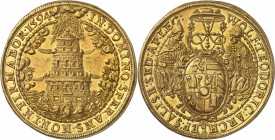 Salzbourg. Wolf Dietrich von Raitenau, 1587-1612. 25 Ducats 1594, Salzbourg. Armoiries ovales entourées par saint Rupert et saint Virgile / Tour menac...