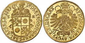 Salzbourg. Wolf Dietrich von Raitenau, 1587-1612. 2 Ducats 1589, Salzbourg. Armoiries surmontées du buste de saint Rupert / Aigle bicéphale couronnée....