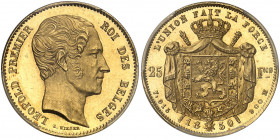 Royaume de Belgique. Léopold I, 1831-1865. 25 Francs 1850, Bruxelles. PROOF LIKE. Large tête nue à droite. Nom du graveur au-dessous / Armoiries sur u...