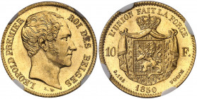Royaume de Belgique. Léopold I, 1831-1865. 10 Francs 1850, Bruxelles. Tête nue à droite. Initiales du graveur au-dessous / Armoiries sur un manteau co...