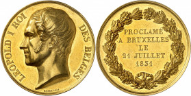 Royaume de Belgique. Léopold I, 1831-1865. Médaille en or de 1843 commémorant l'accession au trône de Léopold Ier en 1831, par Barre. Tête nue du roi ...