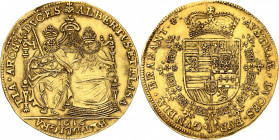 Brabant. Albert & Isabelle, 1598-1621. Double Souverain 1616, Bruxelles. Albert et Isabelle trônant de face. Date à l'exergue / Armoiries couronnées, ...
