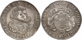 Brabant. Albert & Isabelle, 1598-1621. Ducaton 1619, Anvers. DE POIDS DOUBLE. Bustes accolés d'Albert et d'Isabelle / Ecu couronné soutenu par deux li...