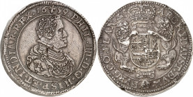 Flandre. Philippe IV, 1621-1665. Ducaton 1659, Bruges. DE POIDS QUADRUPLE. Buste drapé et cuirassé à droite / Ecu couronné soutenu par deux lions. Tra...