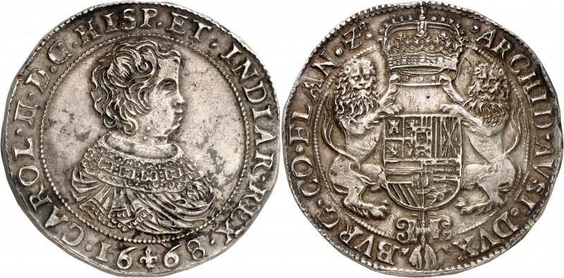 Flandre. Charles II, 1665-1700. Ducaton 1668, Bruges. DE POIDS DOUBLE. Buste dra...