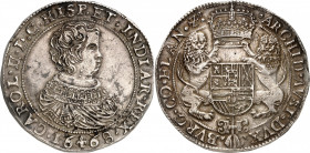 Flandre. Charles II, 1665-1700. Ducaton 1668, Bruges. DE POIDS DOUBLE. Buste drapé à droite / Ecu couronné soutenu par deux lions. Tranche lisse. 65,6...