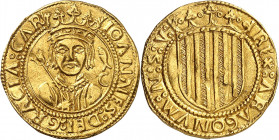 Royaume d'Aragon. Juan II, 1453-1464. Ducat non daté. Buste couronné de face, coupant la légende. Poisson et lettre C dans le champ droit / Ecu couron...