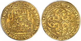 Philippe VI de Valois, 1328-1350. Chaise d'or non datée (17 juillet 1346). Le roi assis de face sur une chaise gothique, et tenant un sceptre et une m...