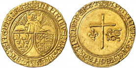 Henri VI, 1422-1453. Angelot d'or non daté (1427), Rouen. Ecus de France et d'Angleterre surmontés du buste de l'archange Gabriel de face / Crois lati...