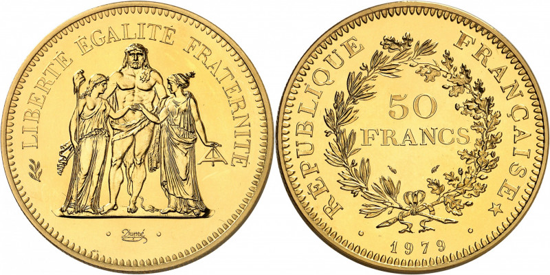 Cinquième République, 1958-. 50 Francs 1979. PIÉFORT en OR frappé sur FLAN BRUNI...