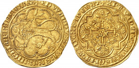 Aquitaine. Edouard III, 1327-1377. Léopard d'or non daté, troisième émission (1357), Bordeaux. Léopard couronné à gauche, dans un polylobe / Croix feu...