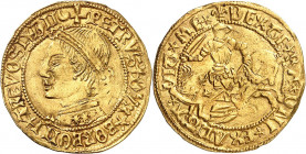 Dombes. Pierre II, duc de Bourbon & comte de Clermont, 1488-1503. Cavalier d'or ou Ecu non daté. Buste du prince à gauche, portant un bandeau et le co...