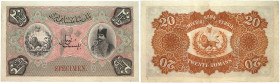 Dynastie Qajar. Nasir al-Din Shah, AH 1264-1313 (1848-1896). 20 Tomans non daté (1890), Bradbury - Wilkinson & Co. Ld. Engravers, Londres. SPECIMEN. F...
