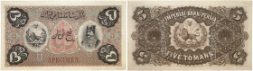 Dynastie Qajar. Nasir al-Din Shah, AH 1264-1313 (1848-1896). 5 Tomans non daté (1890), Bradbury - Wilkinson & Co. Ld. Engravers, Londres. SPECIMEN. Fo...