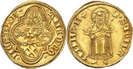 Savoie. Amédée VII, 1383-1391. Florin d'or non daté, Avigliana (Veillane). Ecu de Savoie incliné, surmonté d'un heaume à cimier / Saint Jean Baptiste ...
