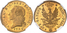 Piémont Sardaigne. Victor-Amédée III, 1773-1796. Doppia 1793, Turin. Buste nu à gauche. Date au-dessous / Ecu de Savoie ovale sur une aigle aux ailes ...