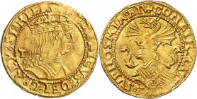 Naples. Frédéric III d'Aragon, 1496-1501. Ducat non daté, Naples. Buste couronné et cuirassé à droite. Lettre T dans le champ gauche / Ecu surmonté d'...