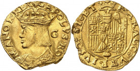 Naples. Charles I, 1516-1554. Ducat non daté, Naples. Buste couronné à gauche. Lettre G dans le champ droit / Armoiries surmontées d'une aigle bicépha...