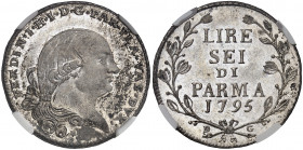 Parme. Ferdinand I de Bourbon, 1765-1802. 6 Lire 1795, Parme. Buste nu à droite. Petite étoile au-dessous / Valeur et date dans une couronne de laurie...