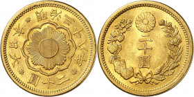 Mutsuhito, 1867-1912. 20 Yen Meiji 38 (1905), Osaka. Soleil rayonnant en forme de fleur / Valeur dans une couronne de mauve et de chrysanthème. Au-des...